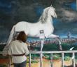 Peinture murale: Cheval dans un paysage hollandais. Photo pendant les travaux.