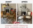 Travail de restauration sur un fauteuil de style Louis XVI, incluant la réfection des garnitures et le choix d’un tissu en accord avec l’esthétique classique du siège.
