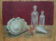 panneau bois 38X29.
acrylique.
thème: nature morte d'objets,
coquillages et flacons anciens.
2016