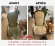Restauration artisanale d’un fauteuil Voltaire avec reprise des ressorts, des sangles et des garnitures, tout en respectant les lignes et le confort d’origine.
