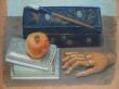 panneau bois 38X29.
acrylique.
thème:nature morte d'objets, boite en laque japonaise.
2015